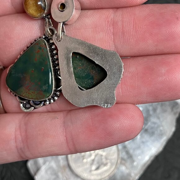 Tigers Eye and Bloodstone Heliotrope Earrings Crystal Stone Jewelry - Picture 6 of 8